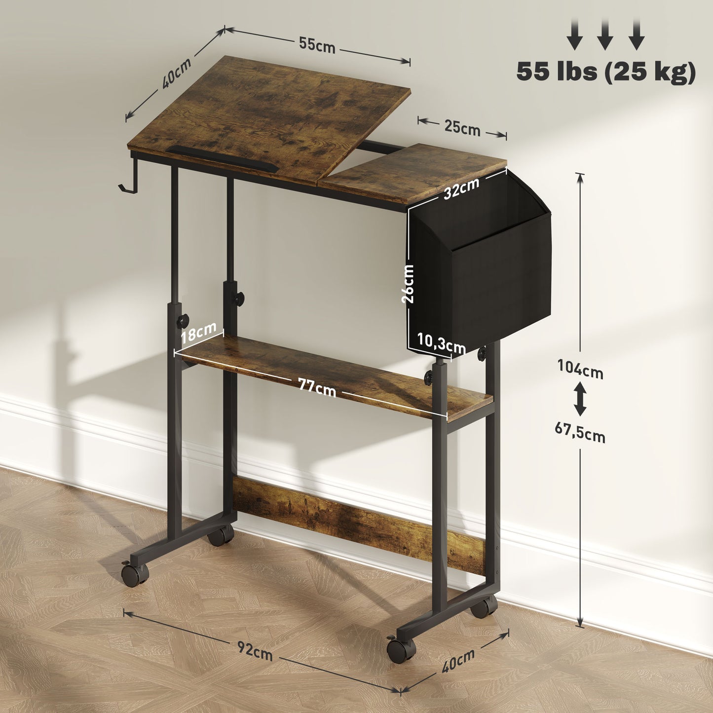 HOMCOM Höhenverstellbares Stehpult mit neigbarer Tischplatte, Rädern, Aufbewahrungsregal, zum Schreiben, Lesen, Zeichnen, Braun