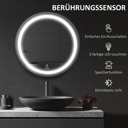 kleankin Badezimmerspiegel, LED-Beleuchtung, dimmbar, 3 Lichtfarben, Metallrahmen, Ø60 cm, Schwarz