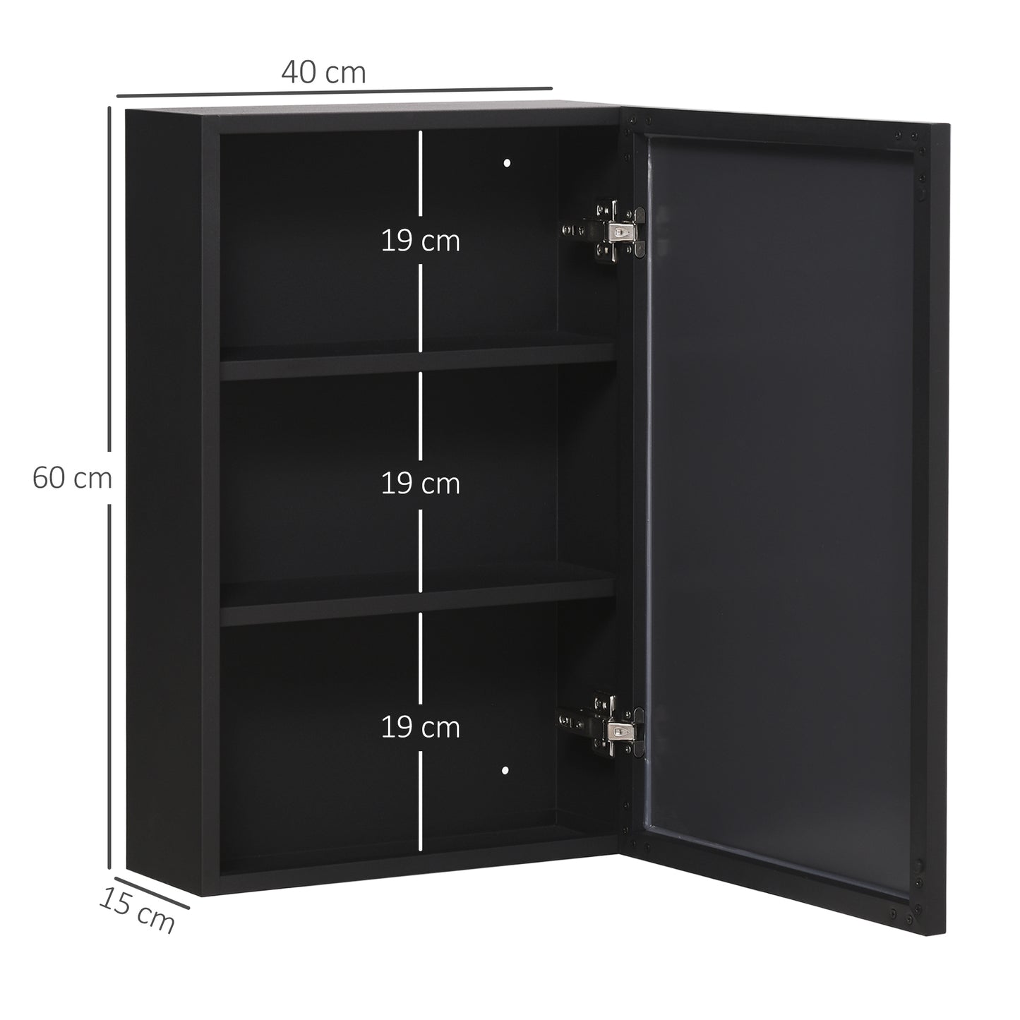 kleankin Spiegelschrank, 3 Regalfächer, weiche Scharniere, Stahlgehäuse, schwarz, 40 x 15 x 60 cm