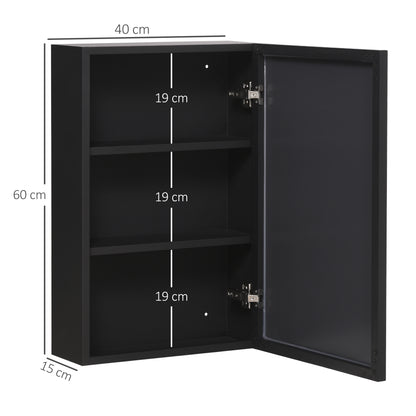 kleankin Spiegelschrank, 3 Regalfächer, weiche Scharniere, Stahlgehäuse, schwarz, 40 x 15 x 60 cm