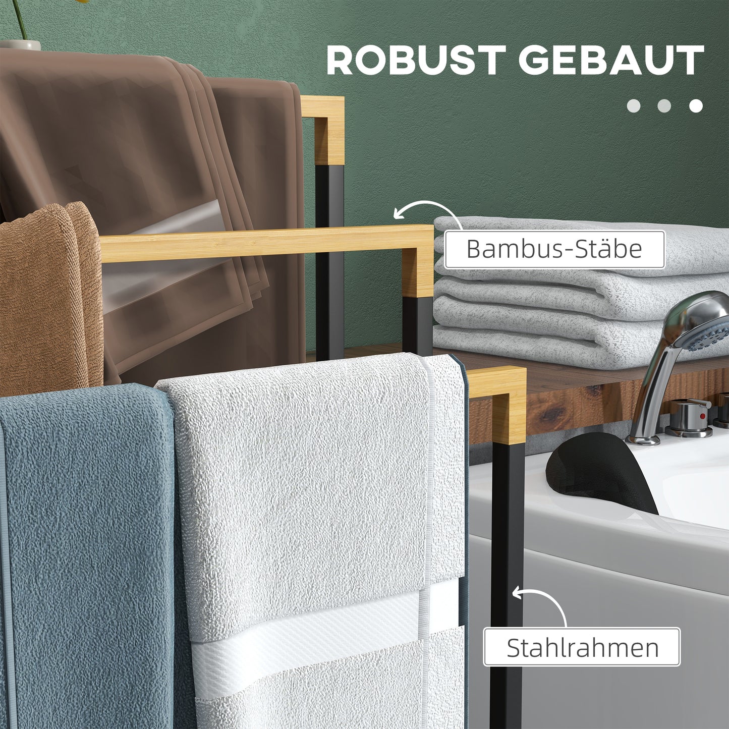 kleankin Handtuchhalter Handtuchalter-Set 3 Handtuchstangen, Industriedesign, Bambus, 45 x 22,5 x 86 cm, Schwarz + Natur