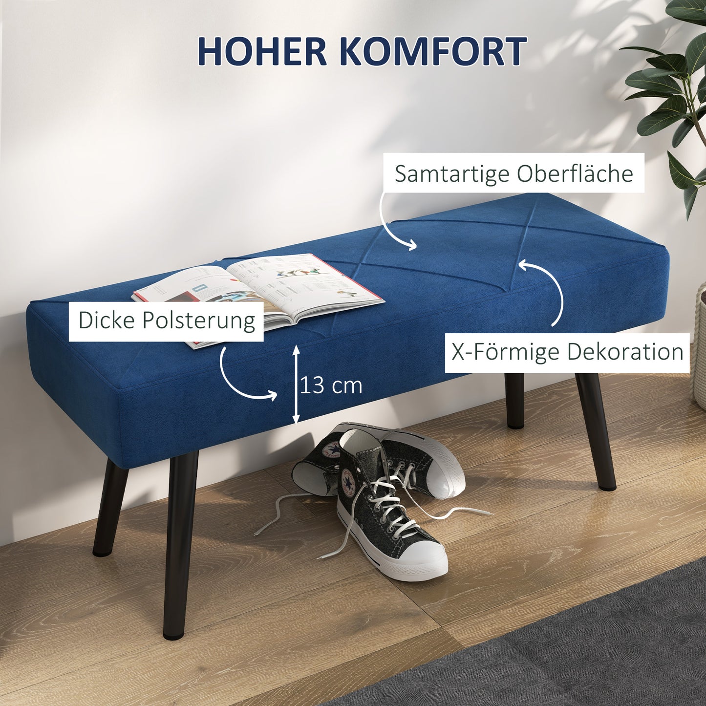 HOMCOM Sitzbank Polsterbank Bettbank, Samtoptik, 100 x 36 x 45 cm, Blau