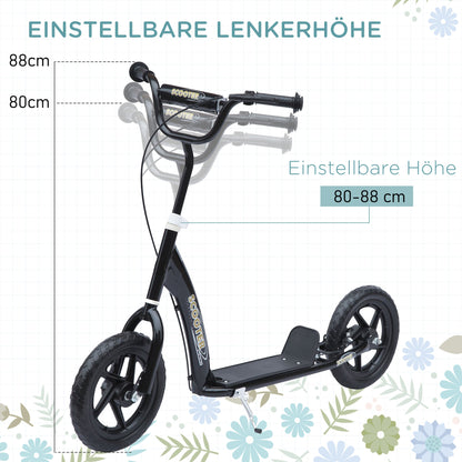 HOMCOM Kinderroller mit Hinterbremse Kickscooter 12 Zoll Tretroller Roller Scooter Cityroller für Kinder Kickboard Höhenverstellbar Stahl EVA Schwarz 120 x 52 x 80-88 cm
