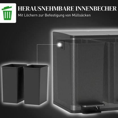 HOMCOM 2 x 15 L Doppelmülleimer, Pedalöffnung, leicht zu reinigen, Edelstahl, Kunststoff, Schwarz