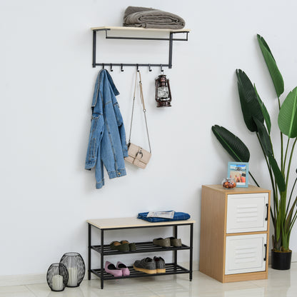 HOMCOM 2-in-1 Garderobenset Flurgaderobe mit Sitzbank Wandgarderobe für Eingangsbereich, 6 Haken, Natur+Schwarz, 75 x 30 x 45 cm(Sitzbank)