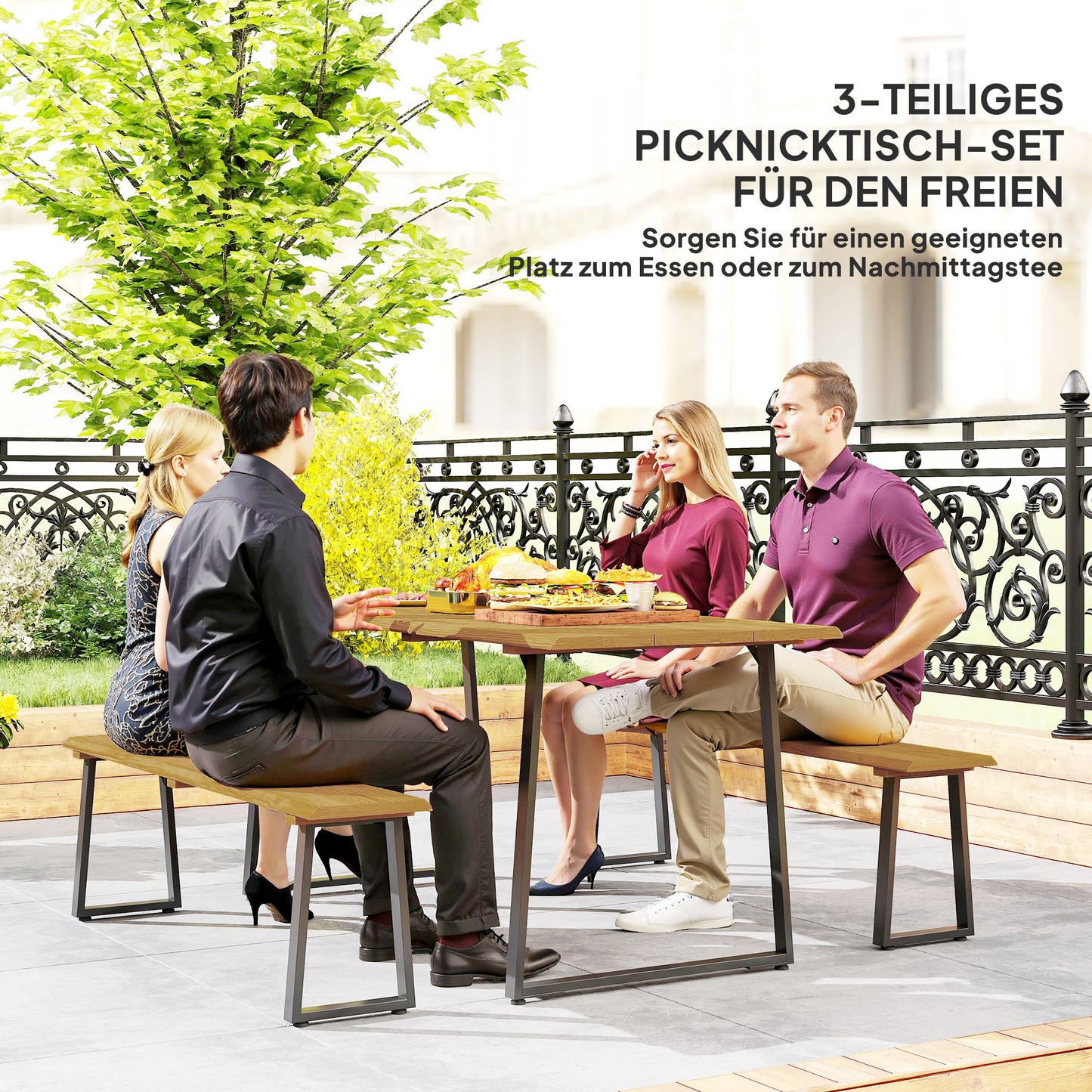 Outsunny Sitzgruppe 3-teilig Holz Essgrupp für 6 Personen Esstisch mit 2 Bänke Schirmloch Holztisch 178 x 76 x 77 cm Naturholz