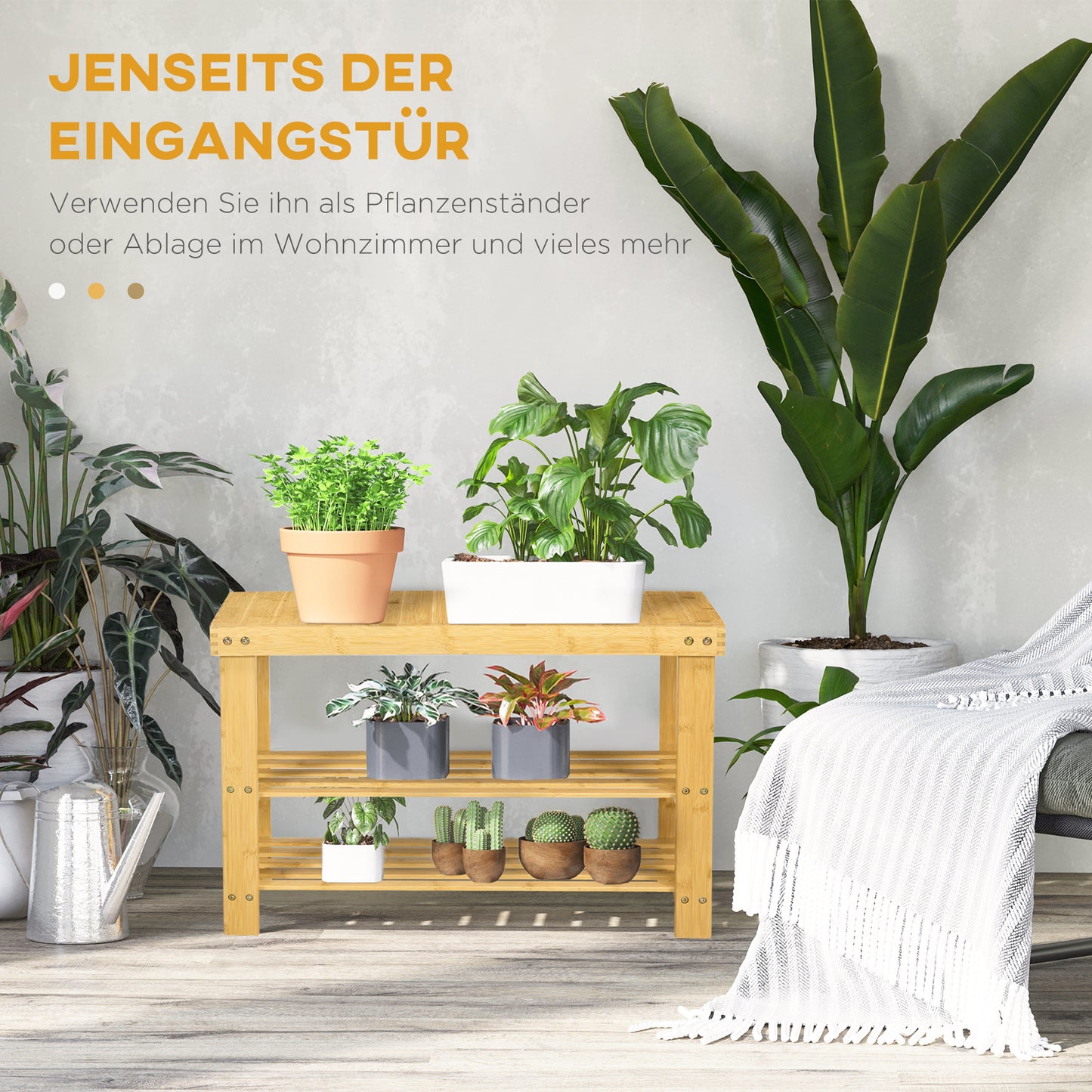 HOMCOM Schuhbank, 3 Etagen, Platz für 6-9 Paar Schuhe, bis 130 kg, Bambus, 70 x 28 x 45cm