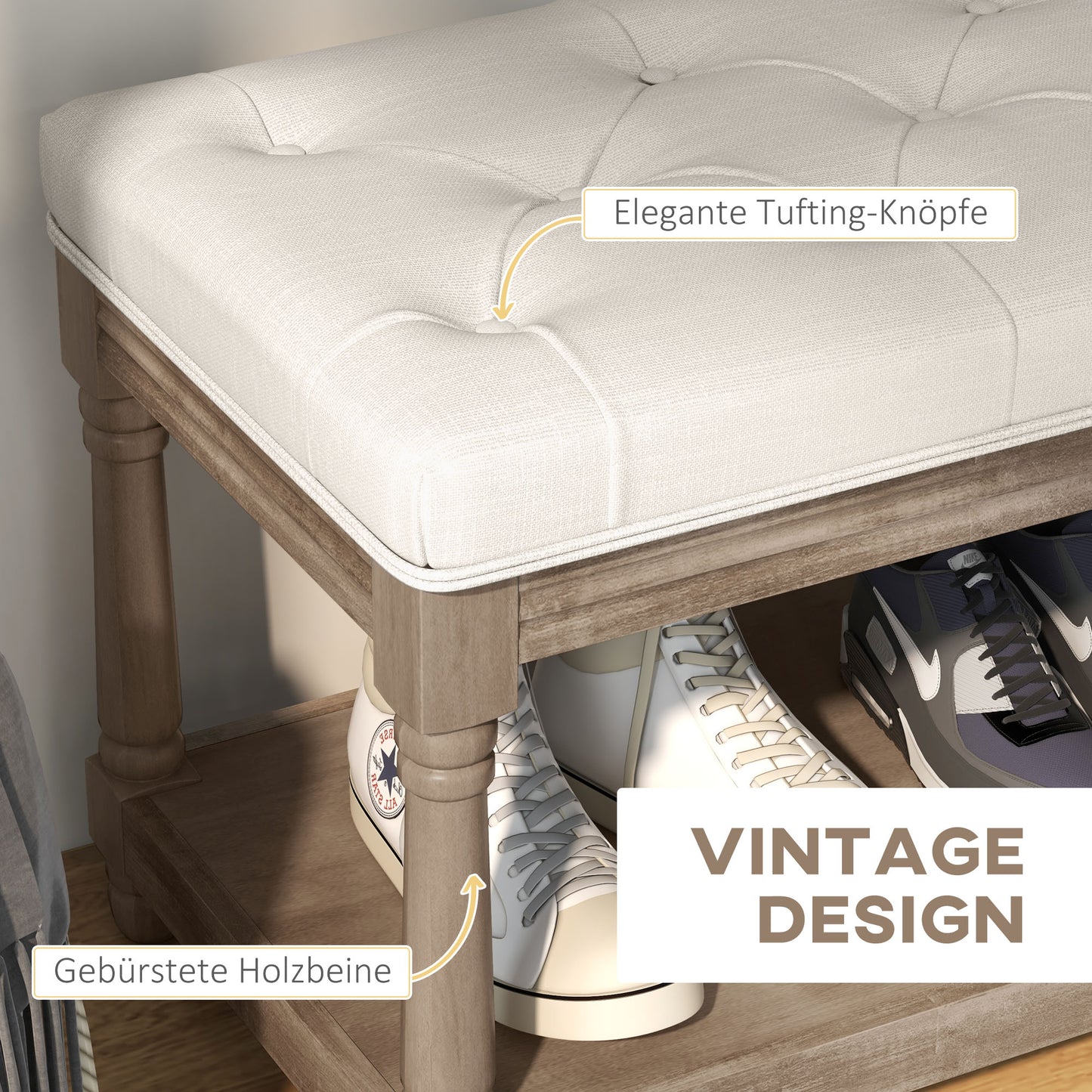 HOMCOM Sitzbank mit Stauraum, Vintage-Design, Knopfheftung, Kautschukbaumholz, 115x40x48cm, Cremeweiß