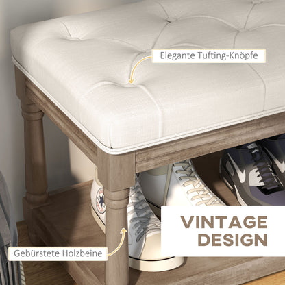 HOMCOM Sitzbank mit Stauraum, Vintage-Design, Knopfheftung, Kautschukbaumholz, 115x40x48cm, Cremeweiß