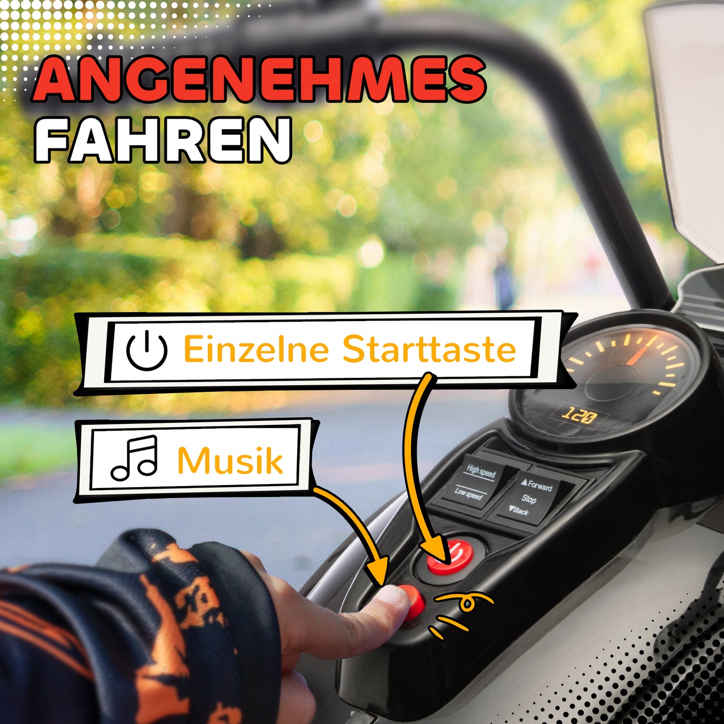 AIYAPLAY Elektro-Kindermotorrad, 3-5 km/h, Chopper, Licht & Musik, für Kinder 3-6 Jahre, Schwarz