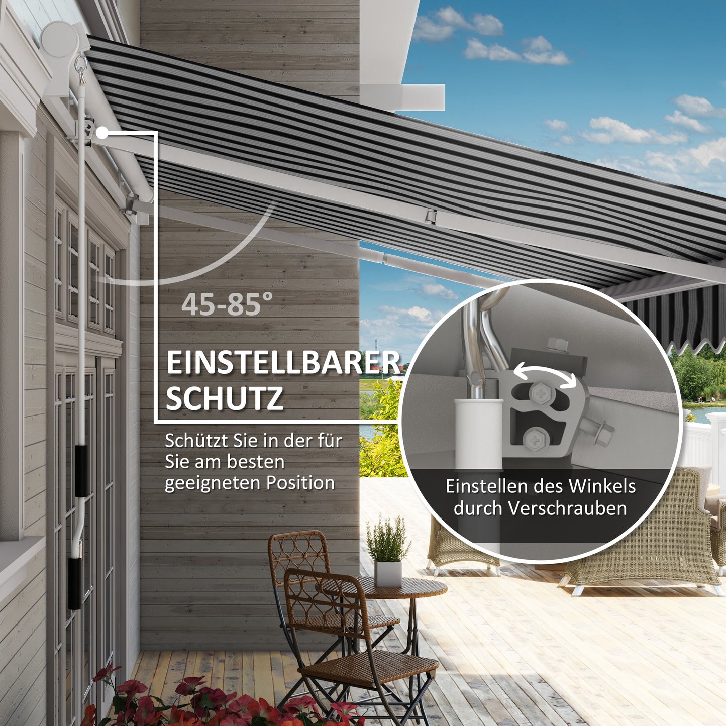 Outsunny Markise, Sonnenschutz, einfahrbar, mit Handkurbel, Metallrahmen, Polyester, blau+weiß, 3,95 x 2,45 x 3,50 m