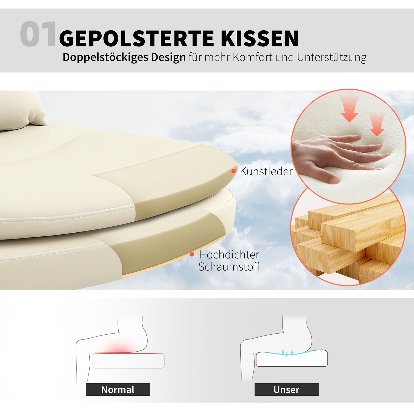 HOMCOM Armloser Bürostuhl mit Kunstleder-Bezug, Schreibtischstuhl mit Rollen, Extra-Kissen, höhenverstellbar, rollbar, Beige