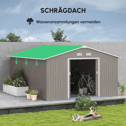 Outsunny Geräteschuppen, Wetterfestes Gartenhaus für Gartengeräte, mit Belüftungsfenstern, Schiebetüren, Stahl, Hellgrau