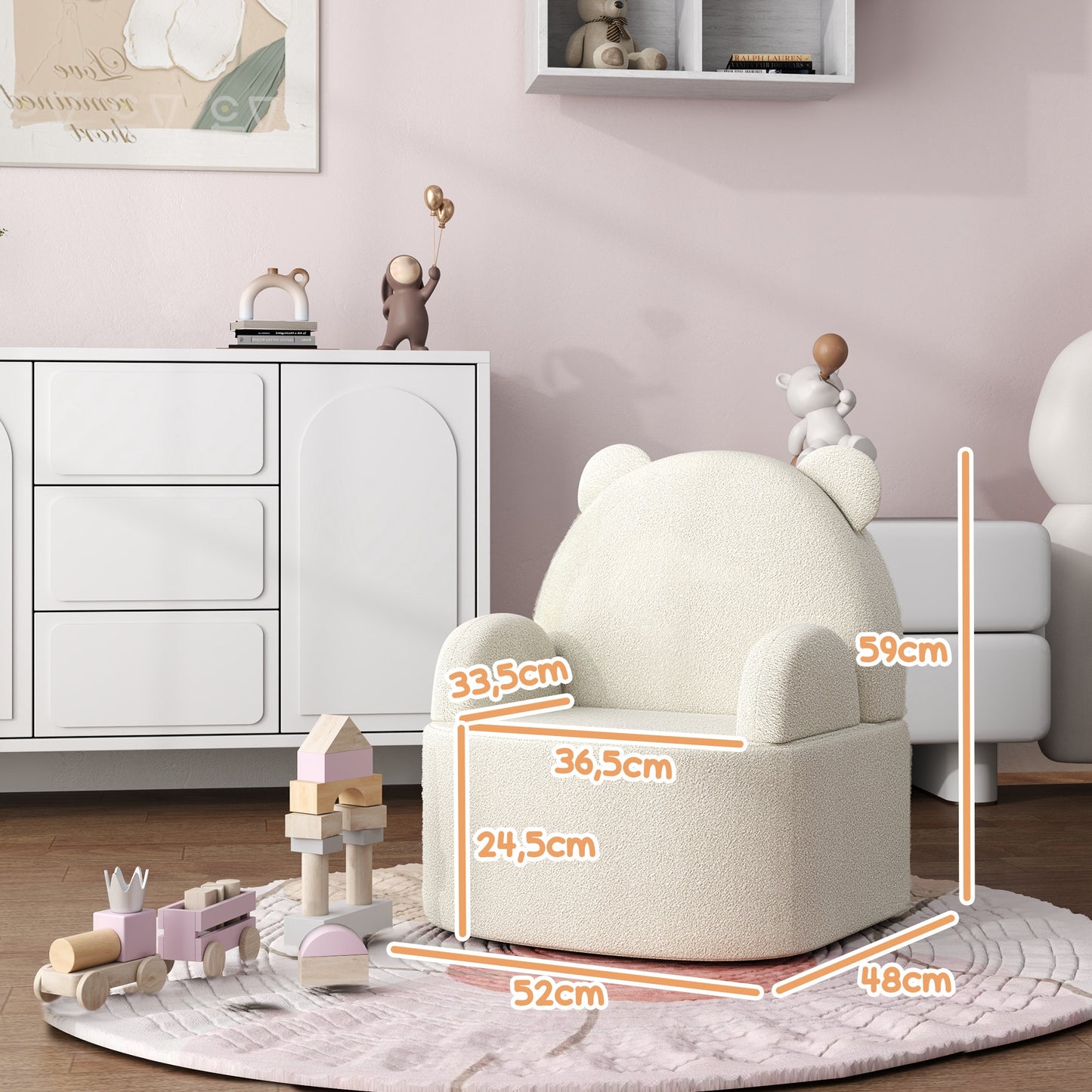 AIYAPLAY Kindersessel, Bärenform, weicher Teddyfleece, bis 3 Jahre, 52x48x59 cm, Beige