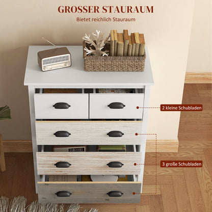 HOMCOM Sideboard, Kommode, 5 Schubladen, lackierte Oberfläche, MDF & Kiefernholz, 70 x 38 x 85 cm, Weiß