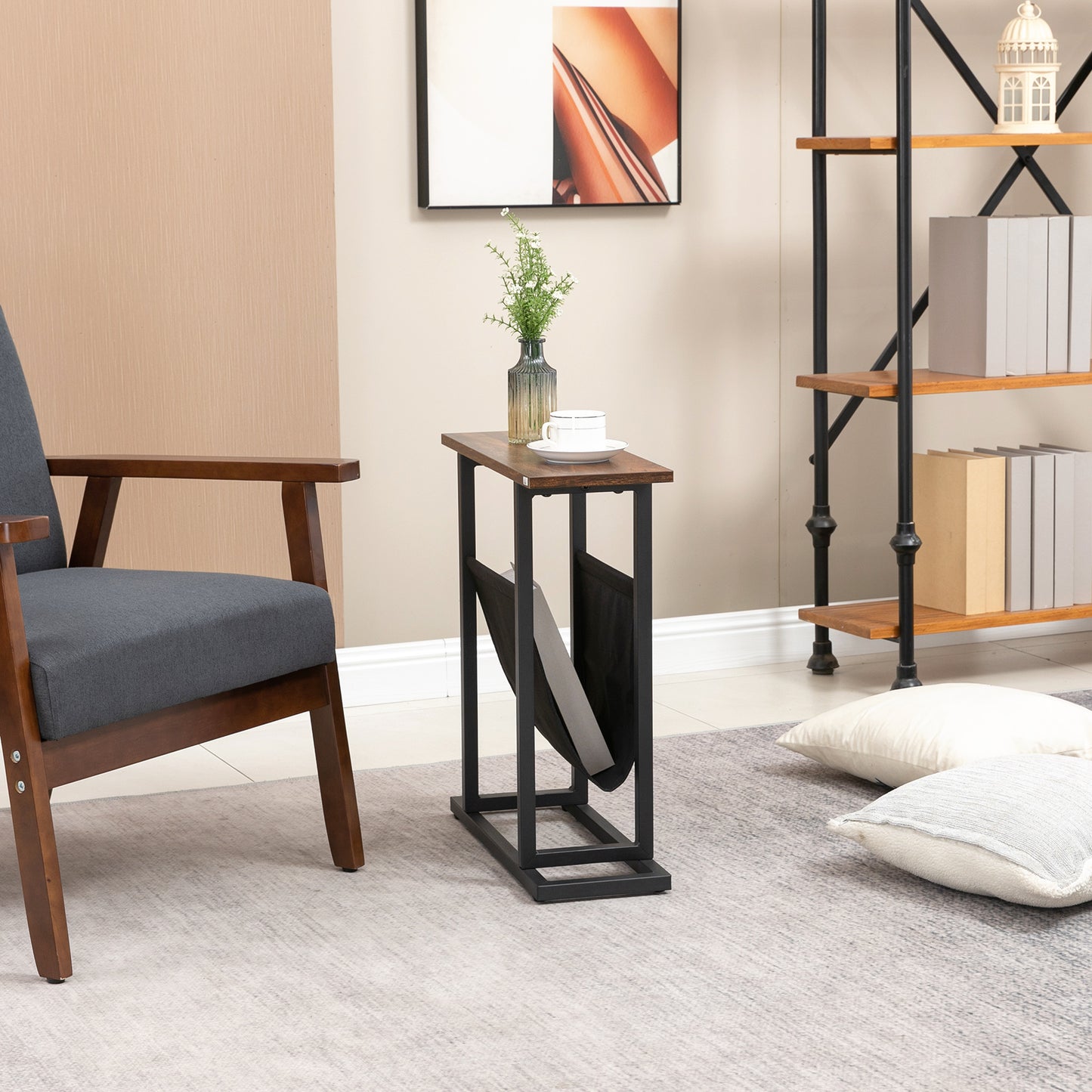 HOMCOM Beistelltisch, Nachttisch, schmales Design, mit Stofftasche, Stahl, dunkelbraun+schwarz, 49 x 19 x 55cm