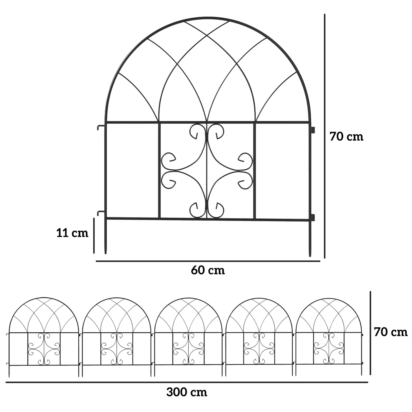 Outsunny Gartenzaun Zaun Stahl 300 cm x 70 cm hoch Dekorativer Gitterzaun Set Zaunelemente Schwarz
