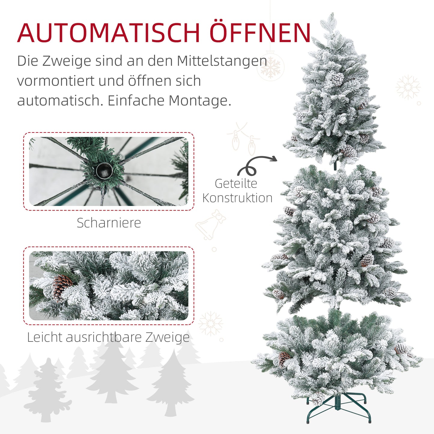 HOMCOM Künstlicher Weihnachtsbaum, Kunstschnee & Tannenzapfen, realistisch, flammhemmend, Metallfuß, 183 cm, Grün