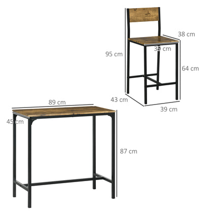 HOMCOM 3-teiliges Bar-Set, Stehtisch, 2 Stühle, MDF, Metallrahmen, wasserfest, Braun