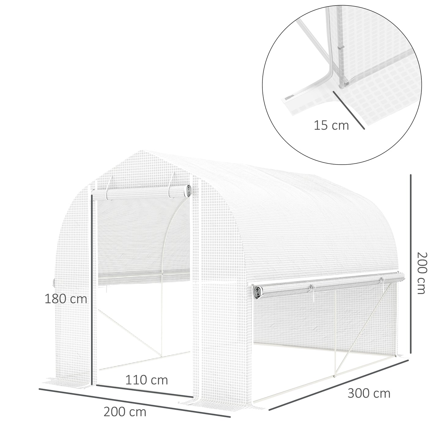 Outsunny 3 x 2 x 2 m Polytunnel-Gewächshaus mit aufrollbaren Seitenwänden, UV-beständiger Kunststoff-Plane und Stahlrahmen, Weiß