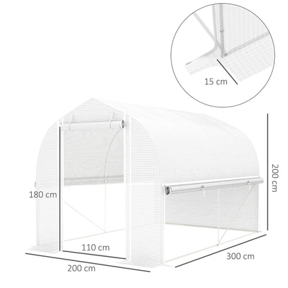 Outsunny 3 x 2 x 2 m Polytunnel-Gewächshaus mit aufrollbaren Seitenwänden, UV-beständiger Kunststoff-Plane und Stahlrahmen, Weiß
