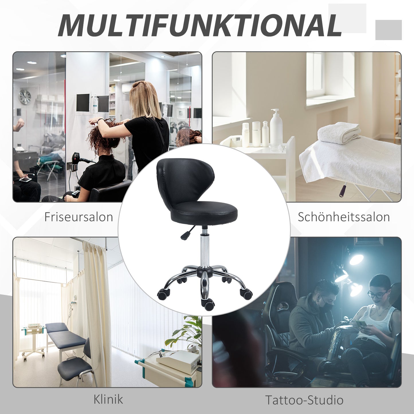 HOMCOM Salonhocker in Lederoptik, höhenverstellbar, bis 120 kg, Stahlgestell, Schwarz