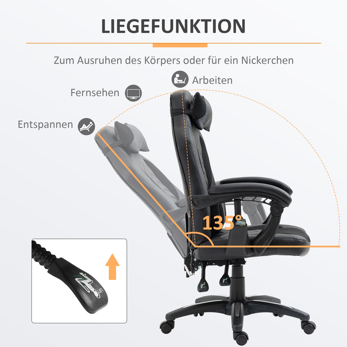 HOMCOM Bürostuhl Massagesessel Massagefunktion mit 6 Vibrationspunkte Ergonomischer Gaming Stuhl mit Wärmefunktion Kunstleder Schwarz 68 x 69 x 108-117cm