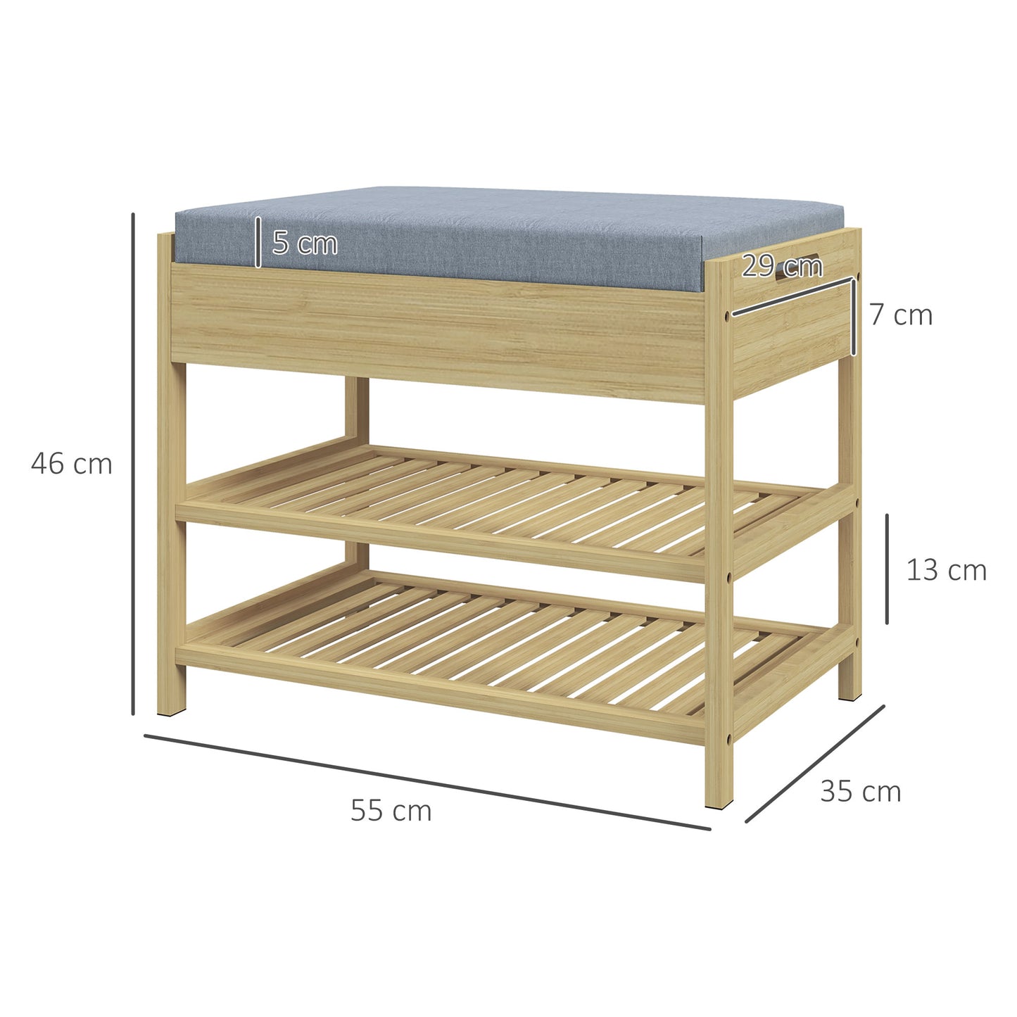 HOMCOM Schubank Schuhregal, 2 Ablagen, Sitzpolster, Bambus, 55 cm x 35 cm x 46 cm, Grau + Natur