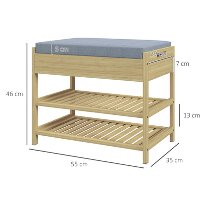 HOMCOM Schubank Schuhregal, 2 Ablagen, Sitzpolster, Bambus, 55 cm x 35 cm x 46 cm, Grau + Natur
