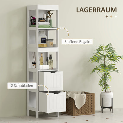 HOMCOM Badezimmerschrank, Kompaktes Badezimmerregal mit 2 Schubladen und 3 offenen Fächern, Freistehendes Badregal, MDF, Weiß