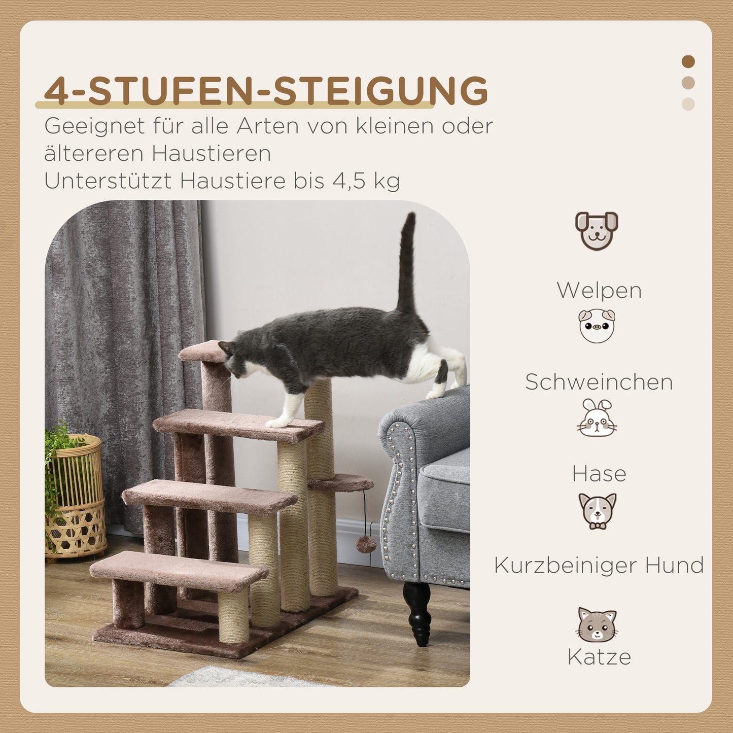 PawHut Haustiertreppe, Kratzbaum, 4-stufig, für Tiere bis 5 kg, 60x40x64cm, Braun