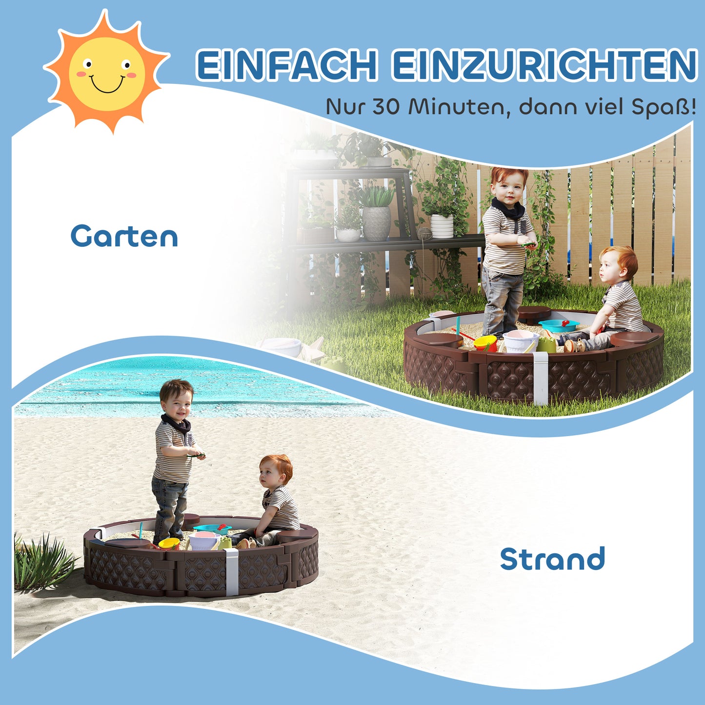 AIYAPLAY Sandkasten, Runde Sandkiste für bis zu 3 Kinder, mit 3 Sitzen, wasserfeste Unterlage, Schutzplane, 300 kg Sand