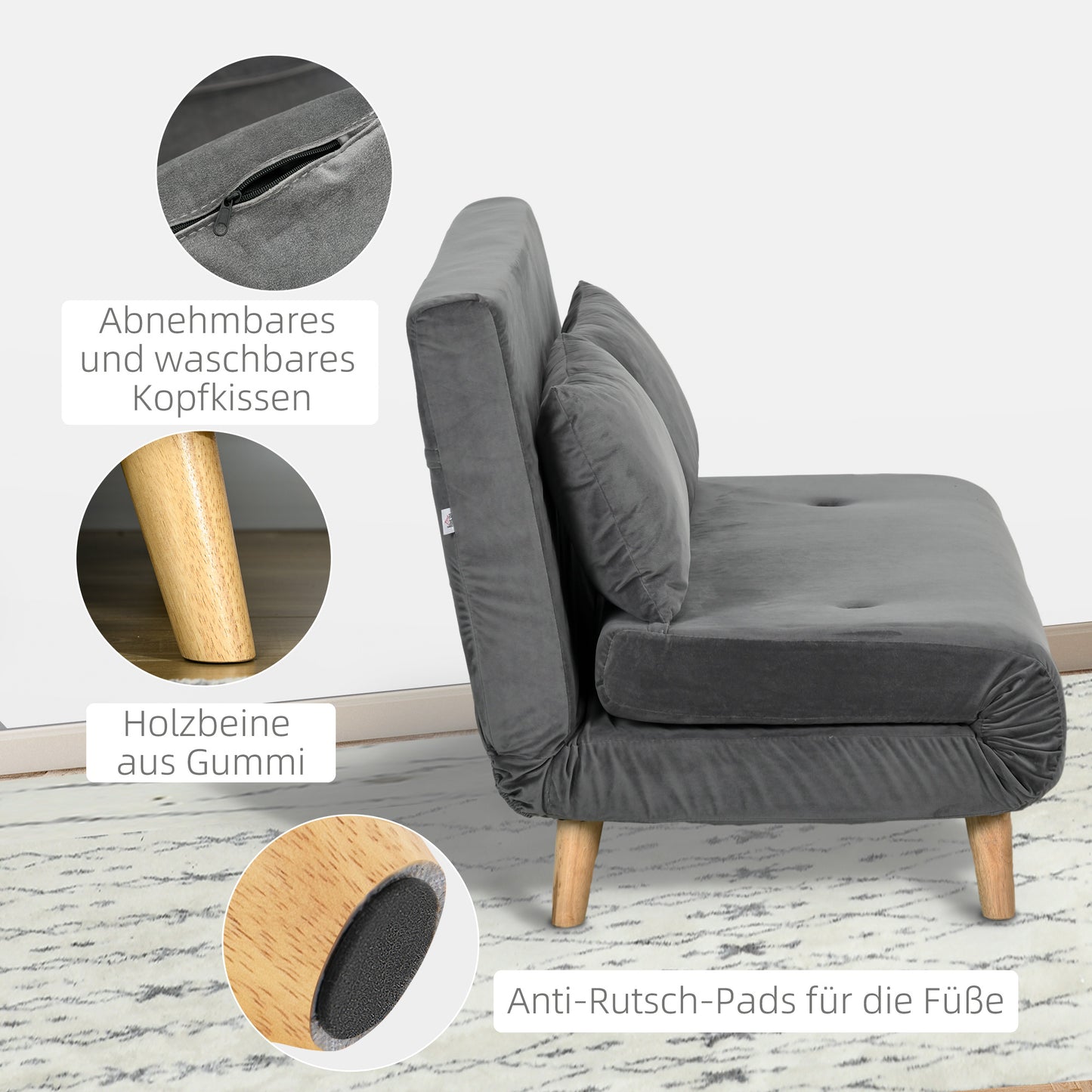 HOMCOM Schlafsofa Relaxsofa Sofa Couch, inkl. 2 Kissen, Samtoptik, 130 x 78 x 79 cm, Grau