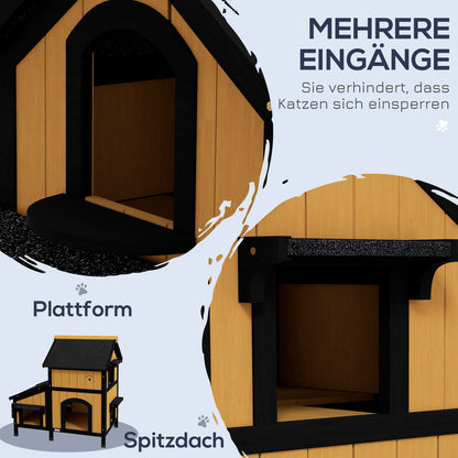 PawHut Katzenhaus Katzenhütte Katzenhöhle, inkl. Blumenkasten, 96 cm x 65 cm x 85,5 cm, Gelb + Weiß + Schwarz
