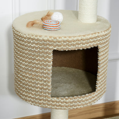 PawHut Katzenbaum Kratzbaum Kletterbaum Katzenkratzbaum, kuschelige Aussichtsplattformen, beige und kaffee, Spanplatte, Plüsch, Jute, 61x41x96 cm
