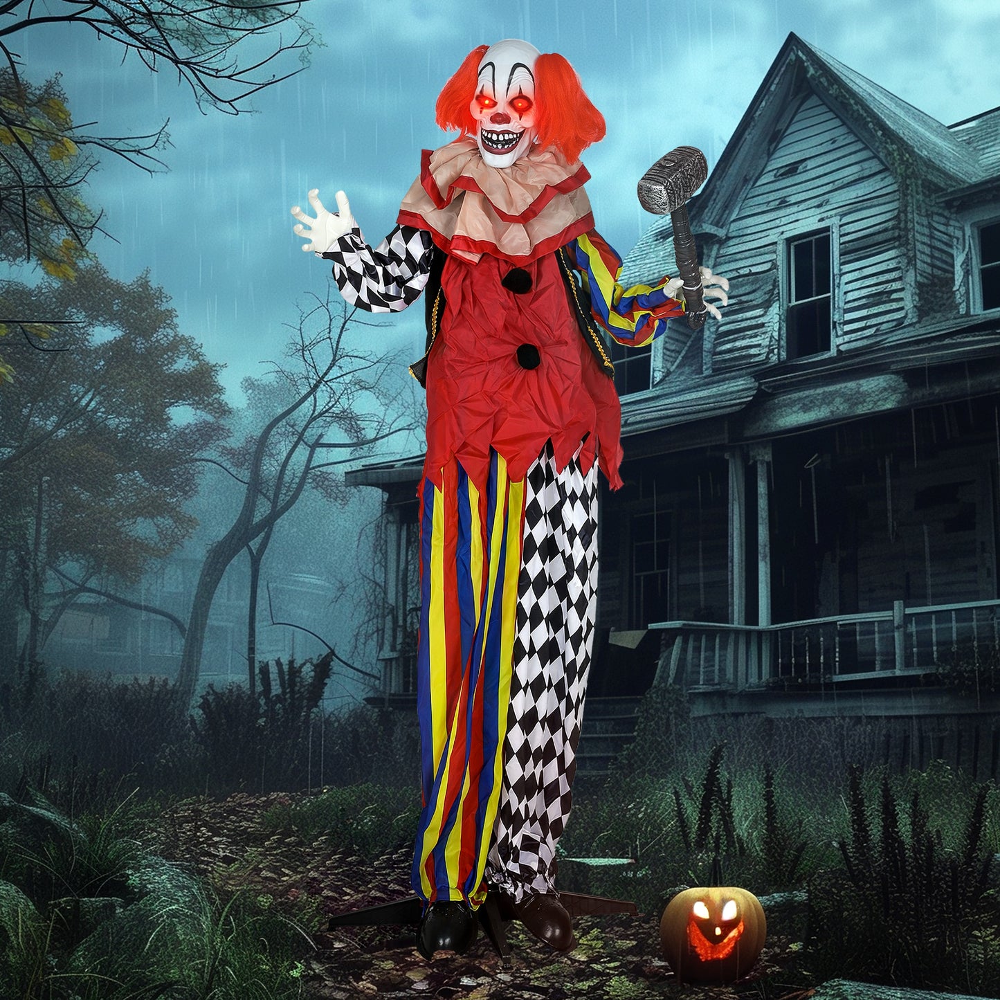 Outsunny Grusel-Clown, Halloween-Animatronik, 173 cm, leuchtende Augen, Geräusch-Aktivierung, bewegliche Arme und Kopf, Batteriebetrieb, Kunststoff, Metall, Rot