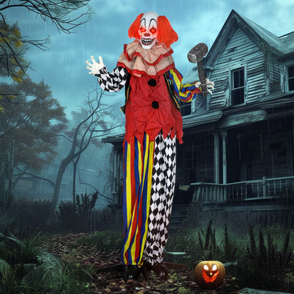 Outsunny Grusel-Clown, Halloween-Animatronik, 173 cm, leuchtende Augen, Geräusch-Aktivierung, bewegliche Arme und Kopf, Batteriebetrieb, Kunststoff, Metall, Rot