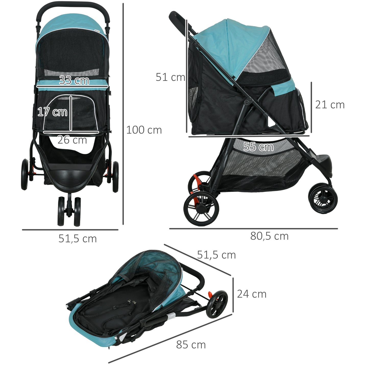 PawHut Haustierbuggy Hundebuggy bis 10kg klappbar Sicherheitsleine Handgriff Regenschutz Aufbewahrungskorb Blau + Schwarz