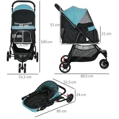 PawHut Haustierbuggy Hundebuggy bis 10kg klappbar Sicherheitsleine Handgriff Regenschutz Aufbewahrungskorb Blau + Schwarz