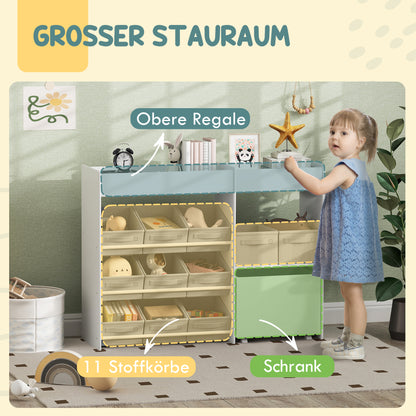 AIYAPLAY Kinder-Aufbewahrungsregal, Spielzeugschrank für Kinder mit 11 Stoffboxen, oberen Fächern, 3 Stickern, Weiß