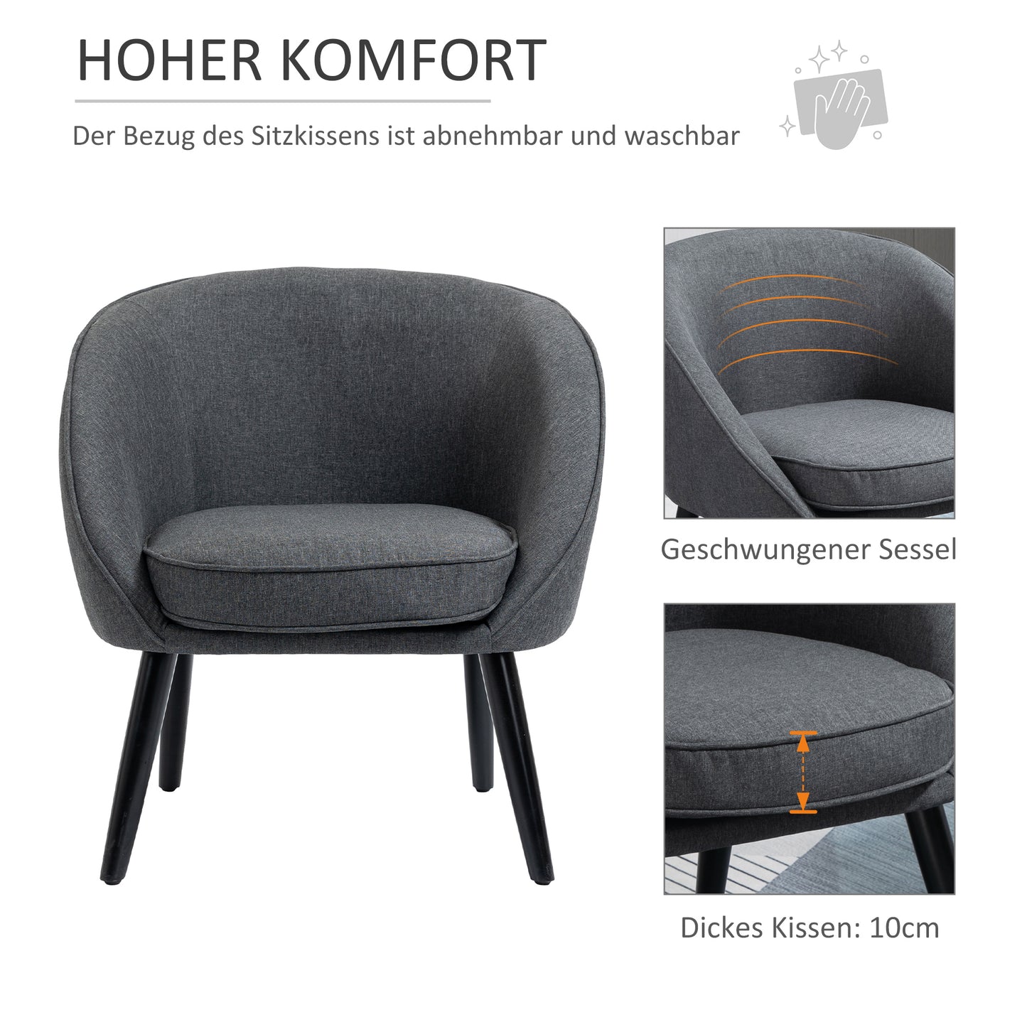 HOMCOM Loungesessel Cocktailsessel bis 150 kg, Leinen-Optik Holz Grau 71 x 65 x 75 cm
