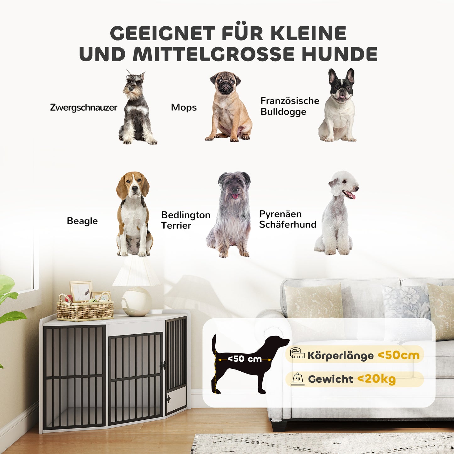 PawHut Hundebox, Aufenthaltsbox för små och mittelgroße Hunde, Haustierbox, Fütterungstür, MDF, Metall, Weiß