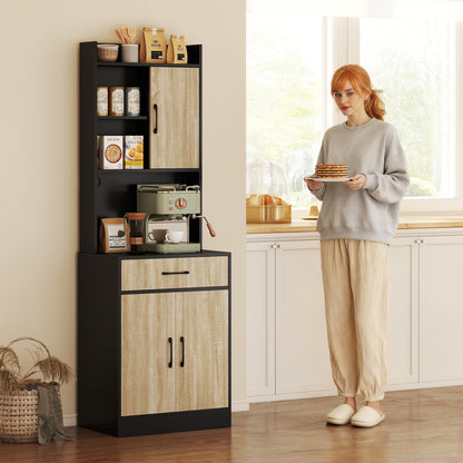 HOMCOM Küchenschrank mit Arbeitsfläche und Kabelloch, moderne Küchenkommode mit Schublade, 3 offene Regale, Naturholz, Schwarz