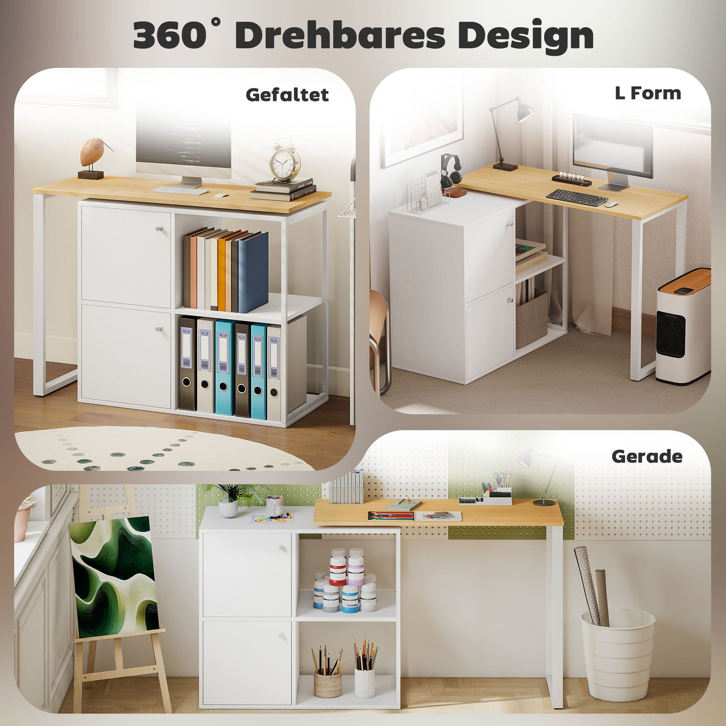 HOMCOM Schreibtisch L-förmig, 360° drehbarer Eckschreibtisch mit 2 Lagerschränken, 2 offenen Regalen, Computertisch für kleine Räume, Arbeitszimmer, Wohnzimmer, 150x40x75 cm, Weiß