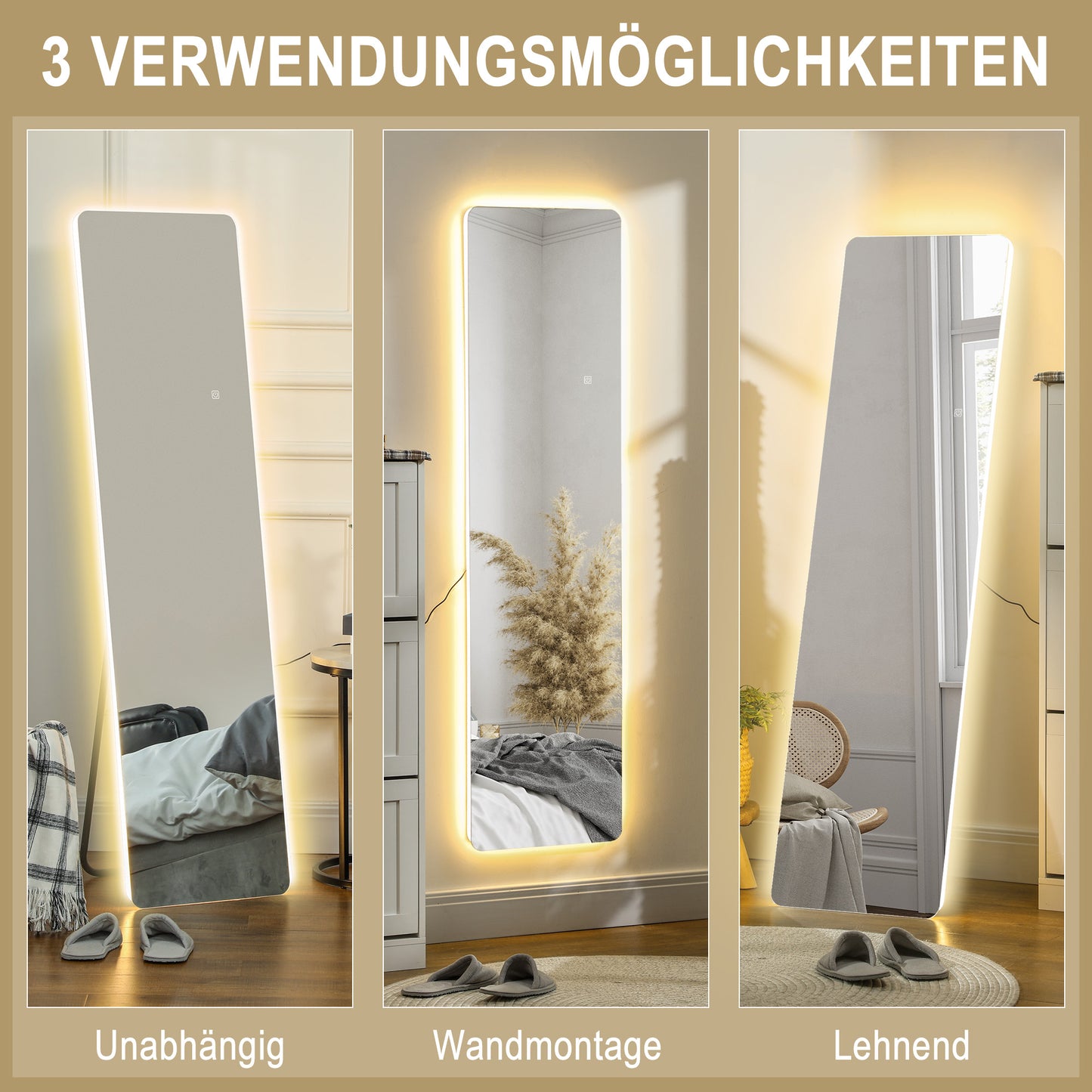 HOMCOM LED Ganzkörperspiegel, Touch-Steuerung, dimmbar, rahmenlos, 40 x 150 cm