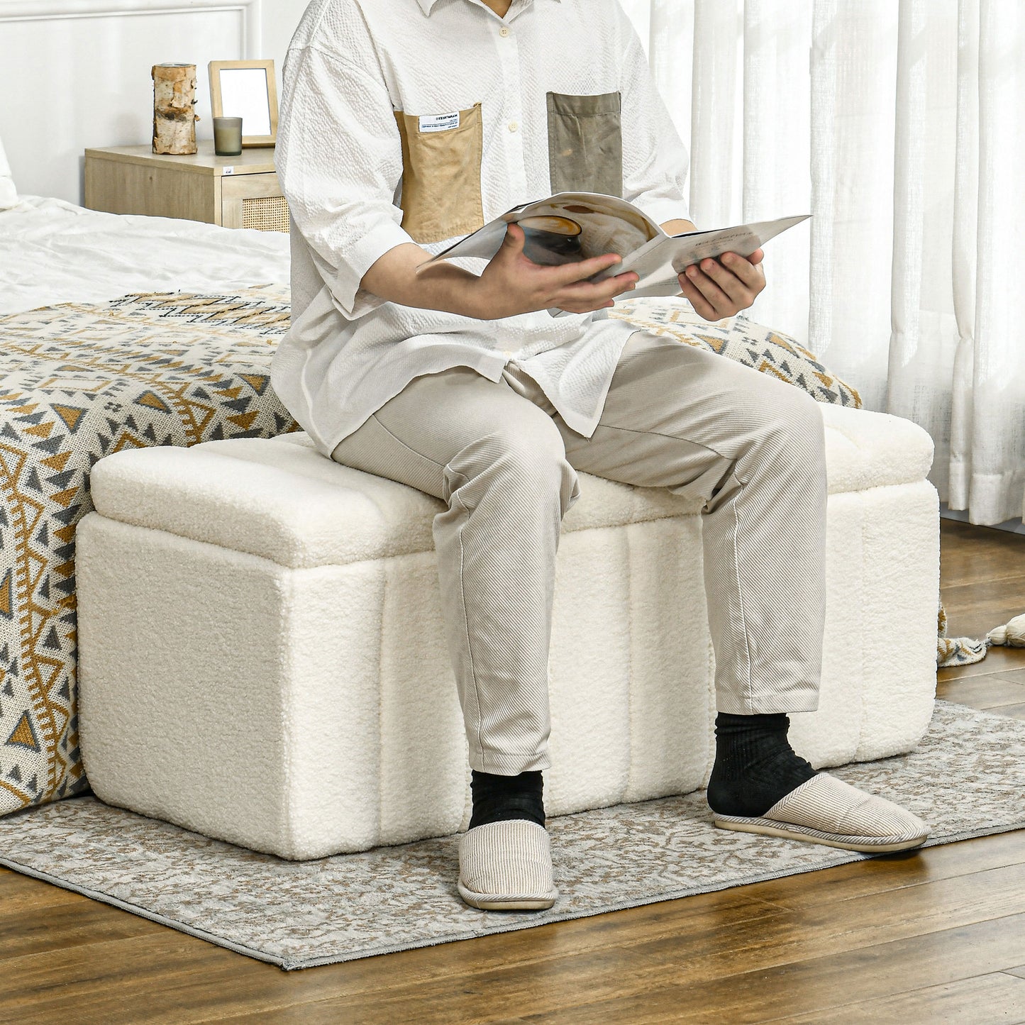 HOMCOM Polsterbank, Bettbank mit Stauraum, belastbar bis 120kg, 102x45x46cm, Cremeweiß