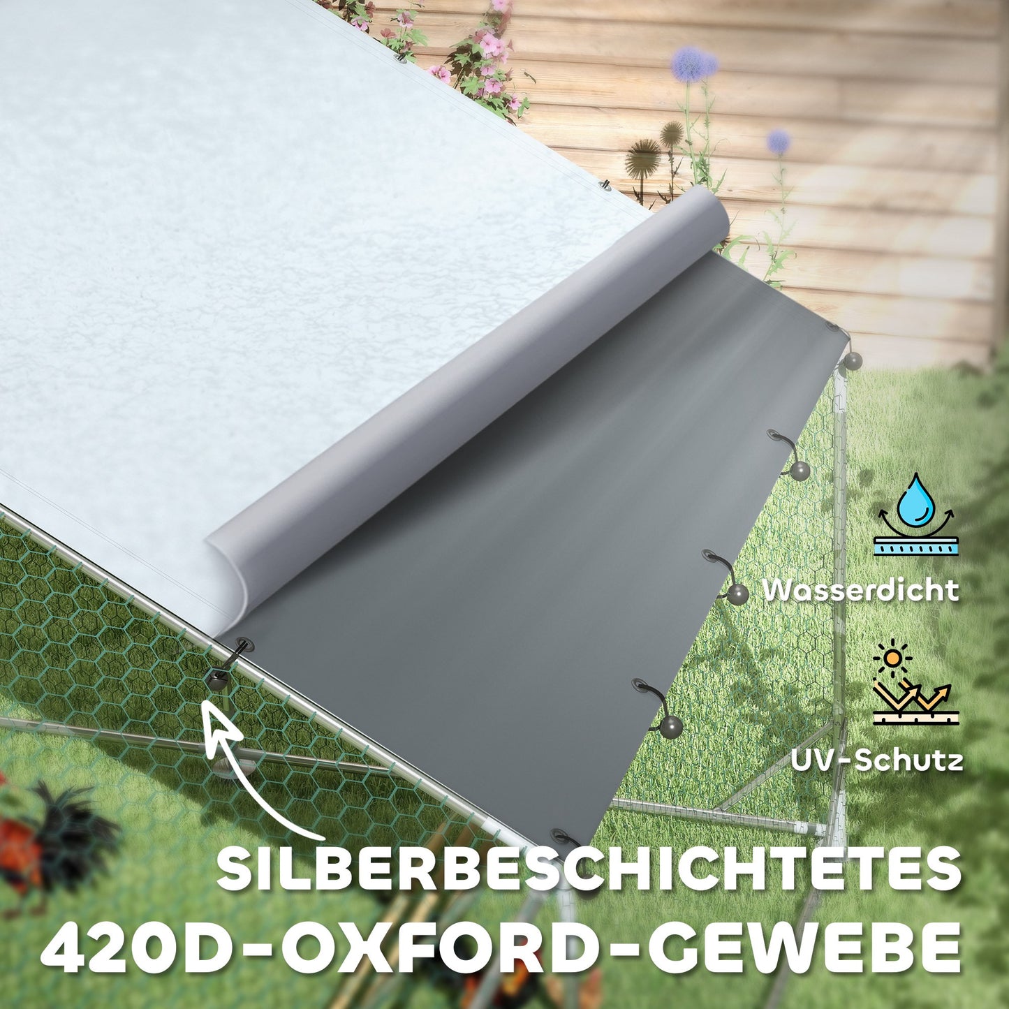 PawHut Hühnerstall, Freilaufgehege für Hühner, mit UV-beständiger Plane, Stahlgitter, Futterautomat, für 18-24 Hühner