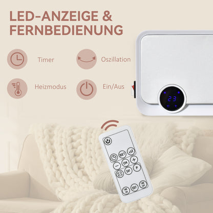 HOMCOM Heizlüfter zur Wandmontage 2000W mit Fernbedienung, 3 Betriebsmodi, LED-Display 12h Timer