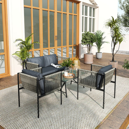 Outsunny 4-teiliges Gartenmöbel-Set, 1 Sofa, 2 Sessel, 1 Tisch mit Glasplatte, Kissen, Stahlrahmen, Kunststoff-Rattan, Grau