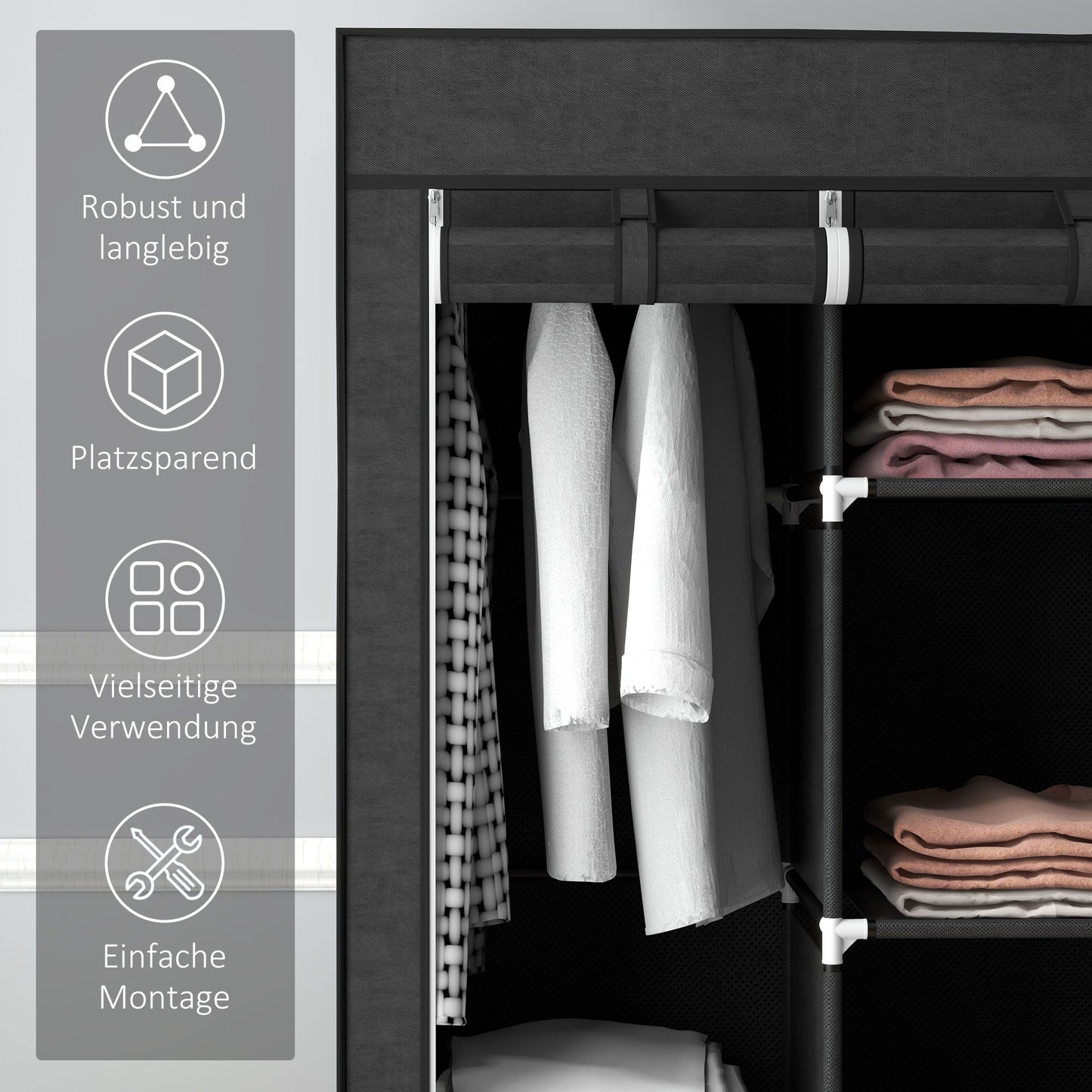 HOMCOM Schrank aus Stoff, Aufbewahrungslösung, 8 Regale, 2 Kleiderstangen, Schwarz